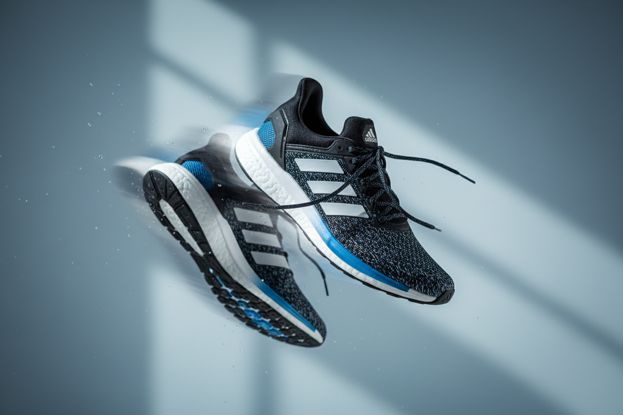 dynamic studio photo of adidas sneakers, minimal blue-grey background, soft daylight, subtle motion blur, focus on energy and movement, premium sports editorial aesthetic, clean and modern composition --ar 3:2 --seed 10 --v 6
