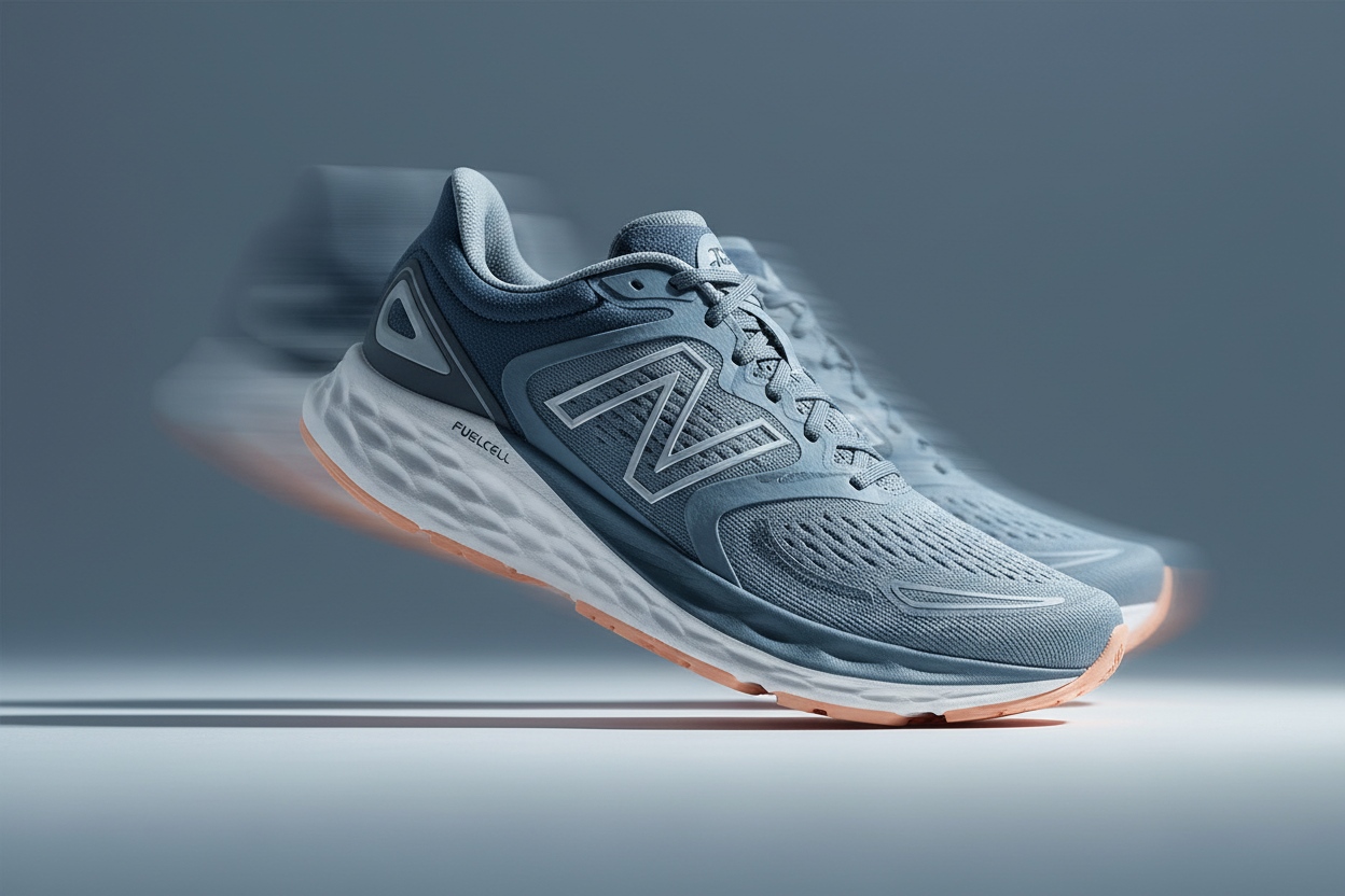 dynamic studio photo of new balance sneakers , minimal blue-grey background, soft daylight, subtle motion blur, focus on energy and movement, premium sports editorial aesthetic, clean and modern composition --ar 3:2 --seed 10 --v 6
