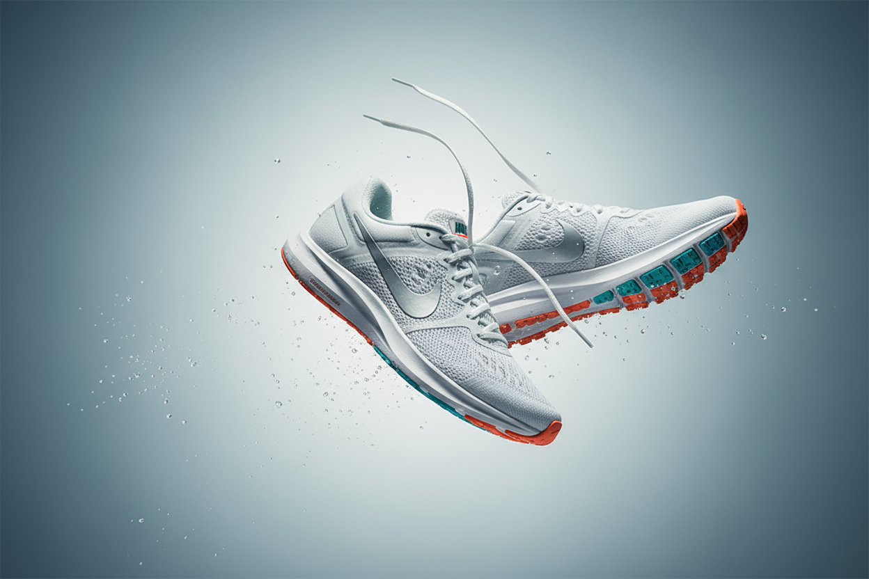 dynamic studio photo of Nike sneakers mid-air, minimal blue-grey background, soft daylight, subtle motion blur, focus on energy and movement, premium sports editorial aesthetic, clean and modern composition --ar 3:2 --seed 10 --v 6
