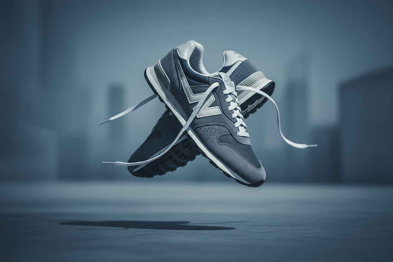 highly realistic editorial photo of Nike or New Balance sneakers mid-air in cool blue-gray tones (#233D7D palette), soft natural daylight, minimal urban gradient background, premium lifestyle aesthetic, realistic details, cinematic shadows, same tone and color grading as Blue Laces hero banner --ar 3:4 --v 6 --style raw --q 2 --seed 338

